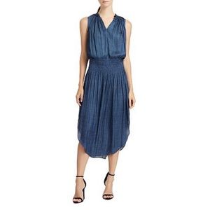 HALSTON Smocked Satin Blue Striped Sleeveless V-Neck Midi Dress